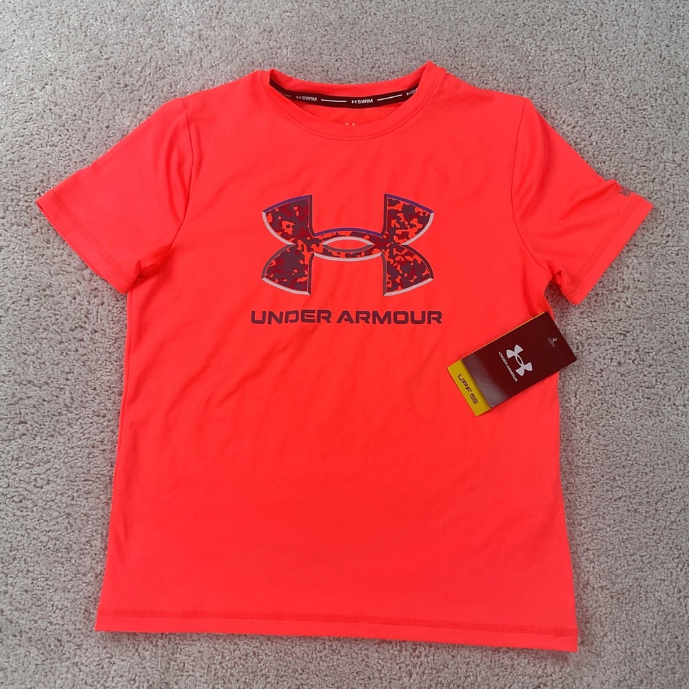 Under Armour Boys Youth Small Neon Orange UPF 50+ Swim Shirt Rash Guard NWT